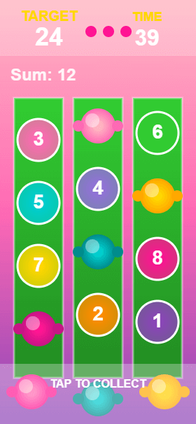 Caramel Carmel simple addition gameplay showing green lanes with number tokens and candy decorations